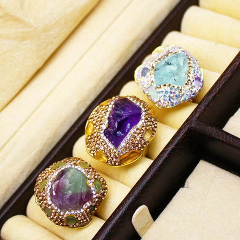 Vintage Natural Amethyst Raw Stone Open Ring For Women Alloy Gold Plated Rhinestone Aquamarine Citrine Fluorite Adjustable Ring