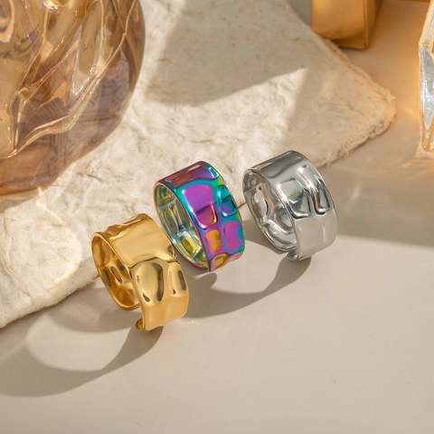 Anillo De Acero Inoxidable Martillado Aurora Arcoíris Color Oro Plata Ajustable Abierto Joyas Minimalistas Geométricas Mujer