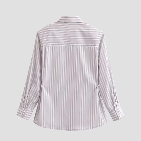 Damen Gestreiftes Langarmhemd Polyester Gepolsterte Schulter Button Down Bluse Lässige Büro Oberteile Mode