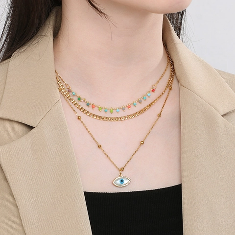 Collana Multistrato Boho E Orecchini Acciaio Inossidabile Perle Colorate Malocchio Cuore Luna Gioielli Placcati Oro