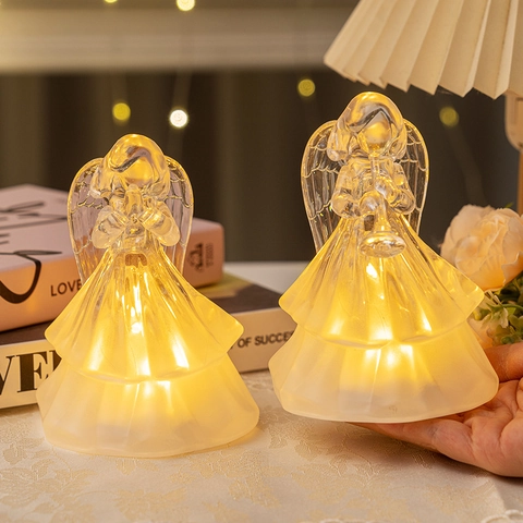 LED Angel Night Light Ornaments Plastic Crystal Frosted Luminous Figurines Warm Glow Christmas Home Desktop Decor