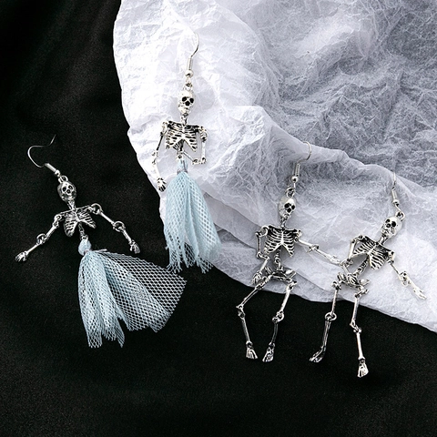 Orecchini Pendenti Scheletro Teschio Con Gonnellino In Rete Blu Lega Perno In Acciaio Inossidabile Gioielli Halloween Gothic Punk Per Donna
