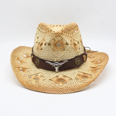Western Cowboy Strohoed Uitgehold Ademend Brede Rand Zonnehoed Met Metalen Stierenkop Leren Band Voor Zomer Strand