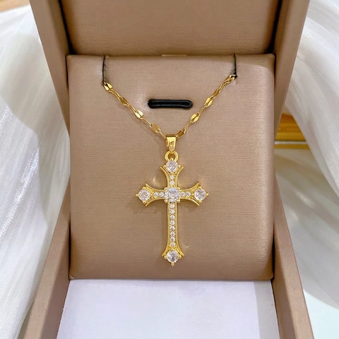 Collana Con Ciondolo A Croce Con Zircone Catena In Acciaio Inossidabile Gioielli Di Lusso Per Donna Colore Oro