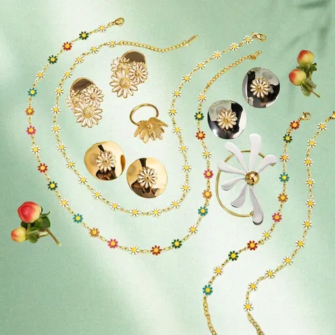 18K Verguld Roestvrij Staal Madeliefje Emaille Bloem Oorbellen Ketting Armband Ring Zoete Mode Dames Sieraden Cadeau