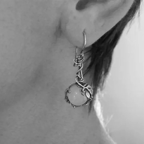 Vintage Vine Leaf Drop Earrings Alloy With Synthetic Moonstone Wire Wrapped Long Dangle Forest Style Titanium Earring Post