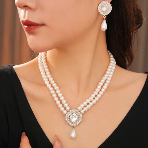 Double Layer Artificial Pearl Necklace And Water Drop Earrings With Silver Earring Post Rhinestone Vintage Luxury For Women
