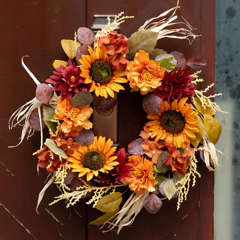 Artificial Sunflower Wreath Autumn Harvest Thanksgiving Christmas Front Door Decoration Satin Flowers Rattan Base Warm Floral
