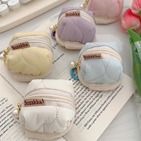 Quilted Mini Earphone Case Pouch Macaron Color Zipper Coin Purse With Artificial Pearl Pendant Soft Portable Storage Small Bag