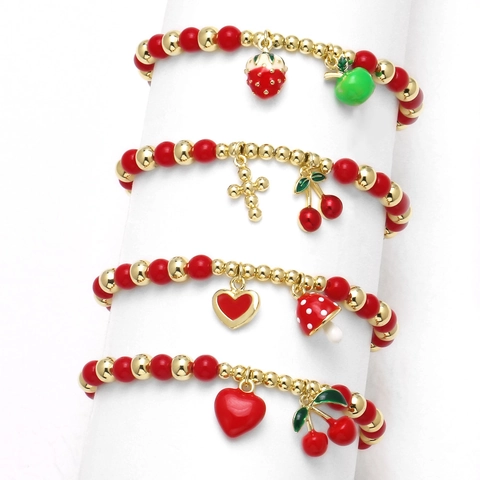 Dulce Pulsera de Cuentas de Frutas de Cobre y Esmalte para Mujer Rojo Oro Cuentas Cereza Fresa Corazón Champiñón Cruz Colgante Joyería de Moda