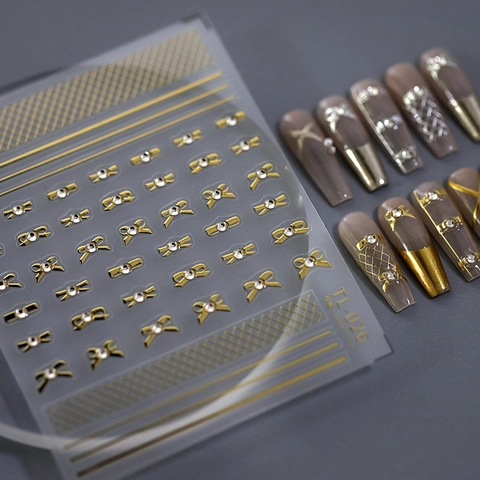 5D Stereoscopic Nail Art Stickers Gold Silver Bow Rhinestone Relief Adhesive Manicure Decals DIY Decoration