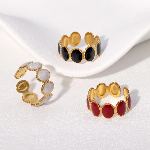 Anello Regolabile Aperto In Acciaio Inossidabile Con Smalto A Goccia D'olio Ovale Bordo Perlato Per Donna