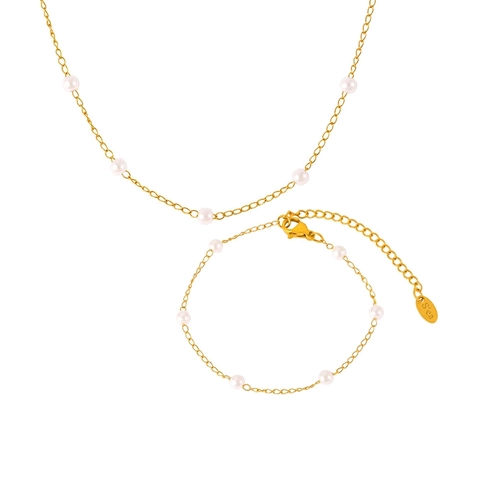 Collana E Bracciale In Acciaio Al Titanio Placcato Oro Perla Artificial Di Conchiglia Bianca Gioielli Minimalisti
