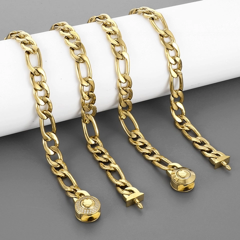 Figaro Chain Necklace Stainless Steel Men Hip Hop Round Rhinestone Clasp Polished Trendy Jewelry