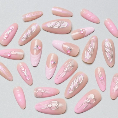 Rosa Silberne Press On Nails 3D Schleife Straß Künstliche Perlen Stiletto Mandel Künstliche Nägel Y2K Handgefertigt Süße Maniküre Für Frauen