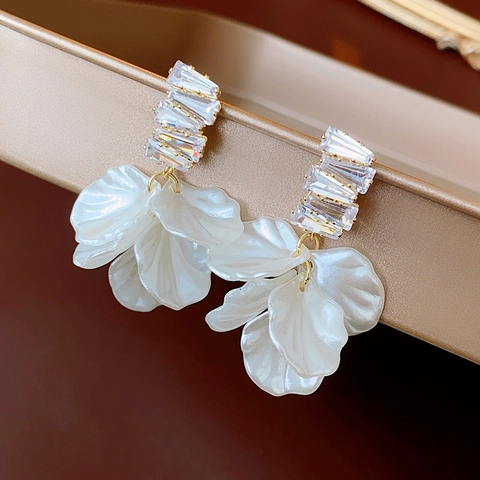 Flower Petal Dangle Earrings Gold Plated Copper With Zircon And 925 Sterling Silver Earring Post Elegant For Women