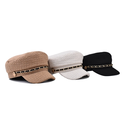 Cappello Da Fornaio Donna Baker Boy Tweed Vintage Stile Britannico Decorazione Catena Metallica Retro Militare Inverno