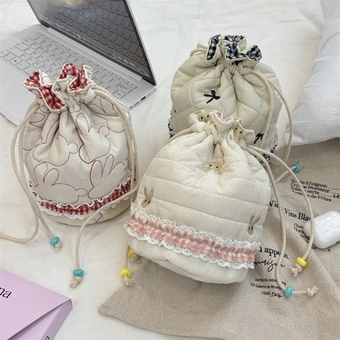 Gesteppte Beuteltasche Mit Kordelzug Süße Kaninchen Stickerei Karo Spitze Reise Kosmetikbeutel Schmuck Organizer