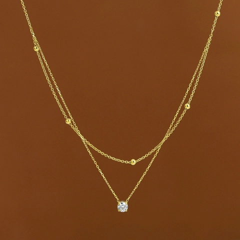 Collier Double Couche Acier Inoxydable Plaqué Or Zircon Cubique Rond Solitaire Quatre Griffes Perle Chaîne Clavicule Bijoux