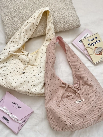 Sac À Épaule En Velours Côtelé Floral Grande Capacité Réversible Nœud Coulissant Cabas Style Zakka Décontracté Pour Femmes
