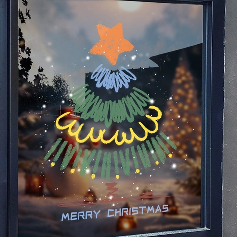 Christmas Window Sticker Static Cling PVC Colorful Hand-Drawn Doodle Tree Decal Double-Sided Glass Door Decor Removable