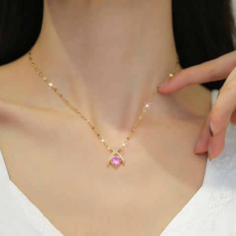 Collana E Orecchini Gioielli Croce Forma X Zircone Rosa Acciaio Al Titanio Rame Silver Earring Post Elegante Banchetto Donne