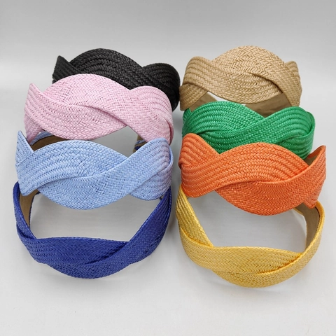 Woven Straw Headbands For Women Wide Brim Cross Knot Boho Hair Bands Retro Raffia Braided Hair Hoop Accessory