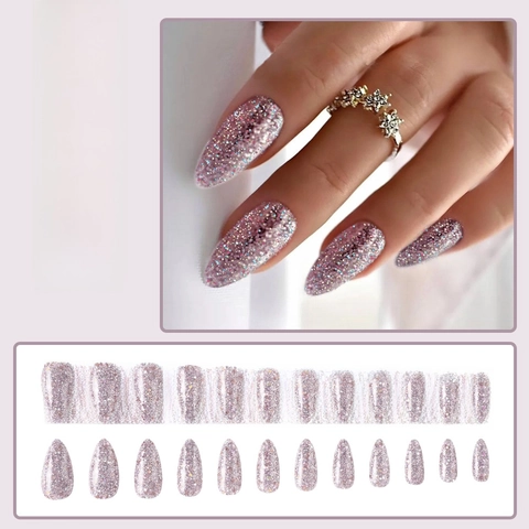 Almond Press On Nails Glitter Pink Purple Sparkling Artificial Fake Nails Glossy Manicure For Women