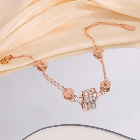 Stainless Steel Bracelet Rose Gold Roman Numerals Sparkling Zirconia Cylinder Charm Adjustable Fashion Jewelry Women