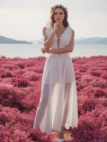 Robe Maxi Blanche À Col En V Profond Sans Manches Volants Dos Nu Mousseline Style Vacances Coupe Slim Élégante Femmes
