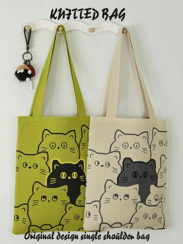 Gestrickte Tragetasche Polyester Große Kapazität Cartoon Katze Panda Muster Schulterhandtasche Wiederverwendbar Casual