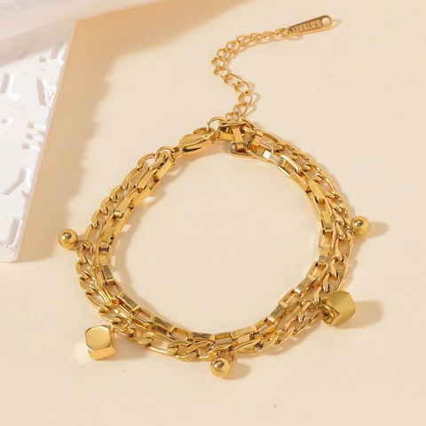 18K Gold Plated Stainless Steel Bracelet For Women Heart Engraved Bamboo Design Elegant Fashion Minimalist Jewelry