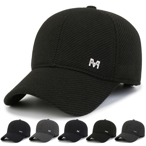 Men Winter Baseball Cap Thickened Woolen Fleece Lining Ear Flaps Warm Outdoor Casual Dad Hat Metal Letter Logo