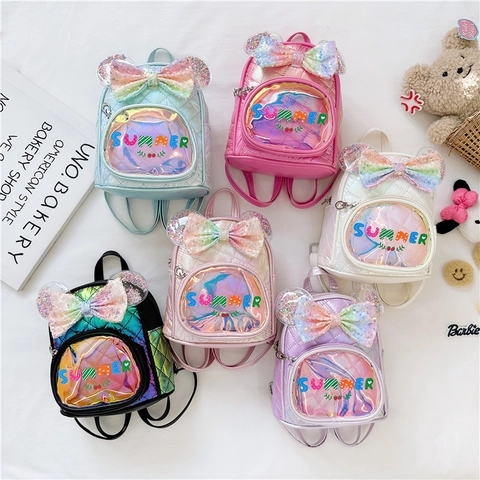 Kids Backpack Cute Sequin Bow Iridescent PU Leather Quilted Mini Schoolbag For Little Girls Kindergarten Princess Style