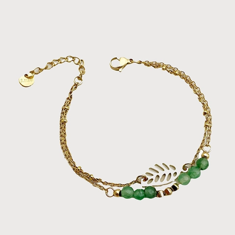 Stainless Steel Double Layer Bracelet With Hollow Leaf Pendant And Colorful Crystal Beads Adjustable Fashion Jewelry For Women