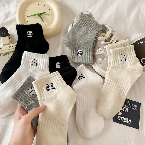 Women Cotton Socks Cute Panda Dog Embroidery Breathable Ribbed Cuff Japanese Style Casual Sports Hosiery