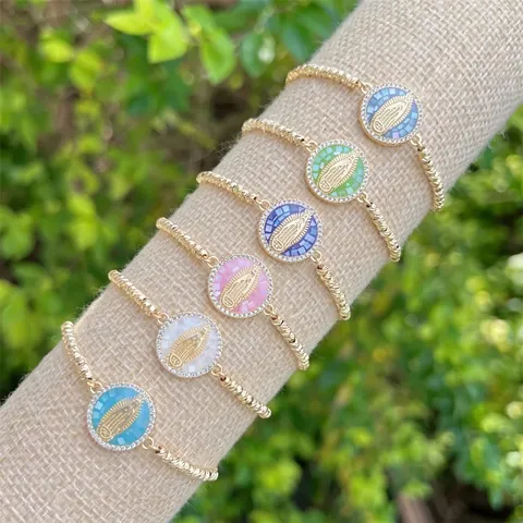 Maagd Maria Guadalupe Hanger Armband 18K Verguld Koper Met Zirkoon Schelp Verstelbare Religieuze Sieraden Voor Vrouwen