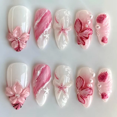 Press On Nails 3D Relief Floral Pink White French Almond Shape Artificial Pearl Star Elegant Sweet For Women