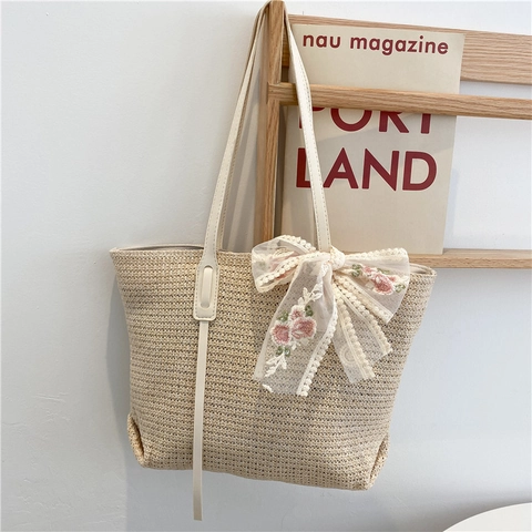 Stroh Gewebte Tragetasche Blumenstickerei Spitze Schleife Sommer Strand Urlaub Schulterhandtasche Für Frauen