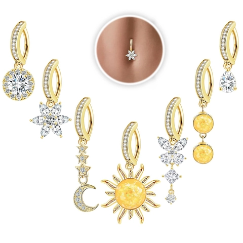 Stainless Steel Copper Rhinestone Belly Button Ring Sun Moon Star Butterfly Heart Dangle Piercing Jewelry For Women