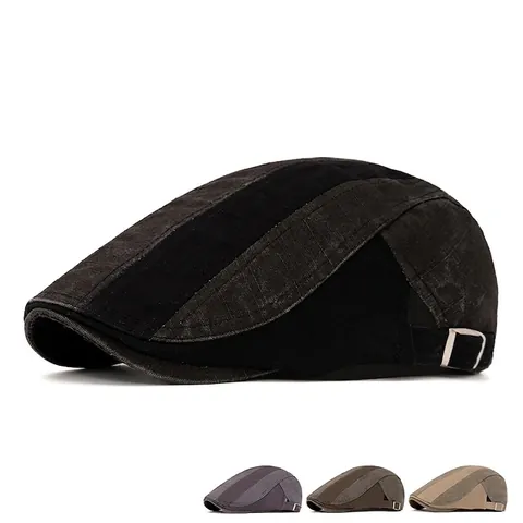 Béret Rétro Pour Hommes En Coton Lavé Patchwork Casquette Plate Boucle Métallique Réglable Respirant Vintage