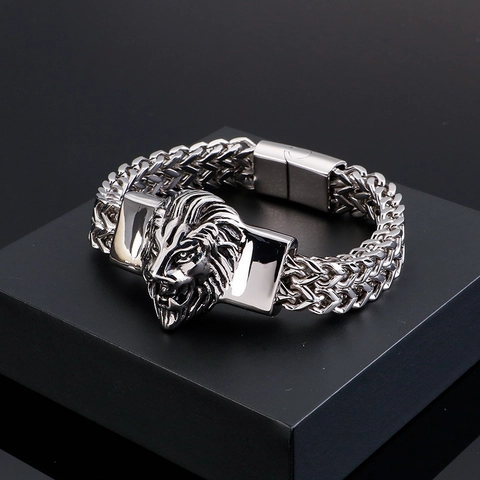 Pulsera De Cabeza De León De Acero Inoxidable Cadena Trenzada Foxtail Biker Punk Gótico Joyería De Moda Para Hombres