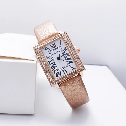 Orologio Al Quarzo Da Donna Rettangolare Lunetta Con Strass Cinturino In Pelle PU Numeri Romani Moda Elegante