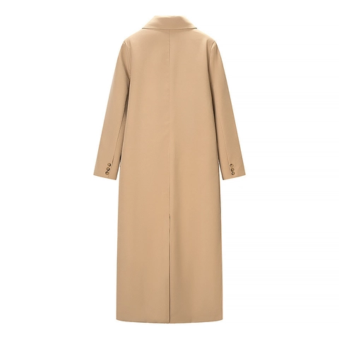 Langer Khakifarbener Polyester Wollmantel Damen Reverskragen Einreihige Knöpfe Elegante Freizeitkleidung