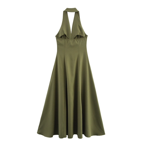 Halter Maxi Jurk Rugloos Hoge Taille Mouwloos V Hals Knopen A-Lijn Geplooid Elegant Polyester Zomer Forens Vrouwen