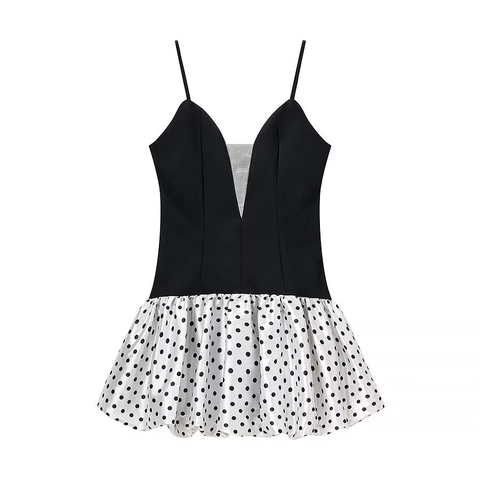 Spaghetti Träger Mini Kleid Tiefer V Ausschnitt Polka Dot Patchwork Puffrock Ärmellos Elegant Party Nacht Mode