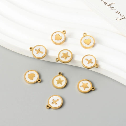 Round Charms Stainless Steel Shell Inlay Heart Star Cross For Necklace Bracelet DIY Jewelry Making Findings