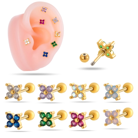 Orecchino Cartilagine Fiore Acciaio Inossidabile Zirconia Cubica Opale Artificiale Gioiello Da Piercing Chiusura A Vite Stile Coreano Delicato Piccolo