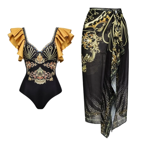 Baroque Print Swimsuit And Sarong Ruffle Deep V-Neck Black Gold Leopard Bathing Suit Women Beachwear