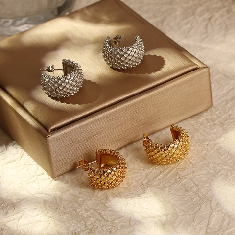 Orecchini A Cerchio A C Con Trama A Rete E Zircone Vintage Acciaio Inossidabile Placcato Oro 18K Perno Argento 925